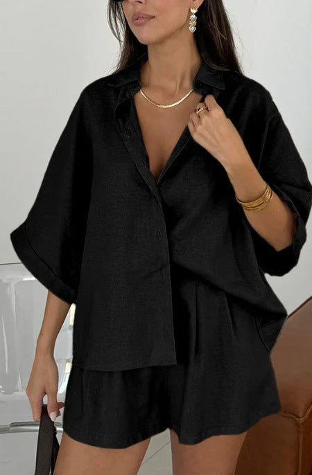Polo Collar Half Sleeve Top and Shorts Two-piece Set