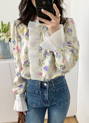 Romantic Turtleneck Patchwork Ruffled Flare Sleeve Shirt