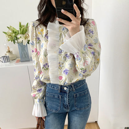 French Romantic Turtleneck Patchwork Ruffled Printing Flare Sleeve Shirt