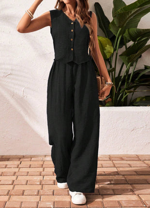 Front Button Sleeveless Blouse And Long Pants Casual Suit Set