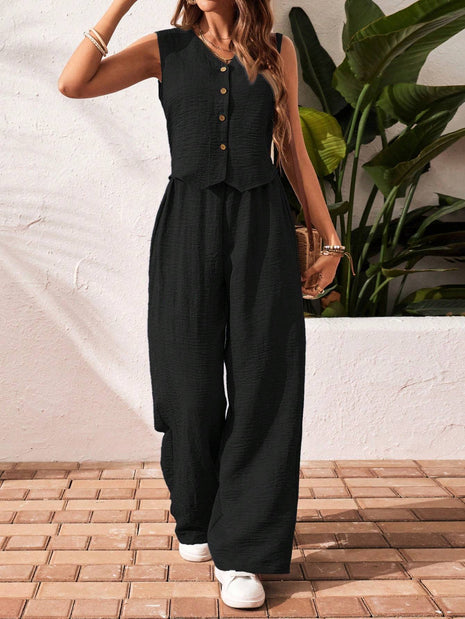 Front Button Sleeveless Blouse And Long Pants Casual Suit Set