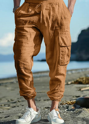 Casual Trousers Ankle-tied Multi-pocket Tether Solid Color Loose