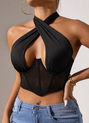 Top Stitching Mesh See-through Cross-halterneck Fishbone