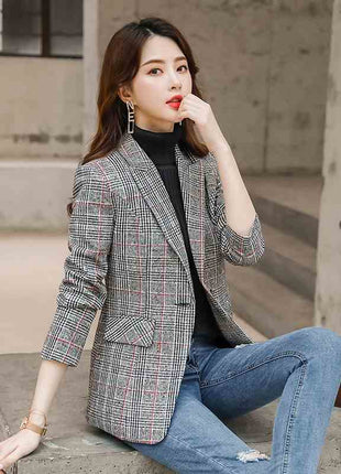 Plaid Suit Waist Slim Fit Trimming Casual Coat