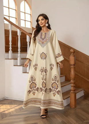 Elegant Floral Printed Middle Eastern Long Dress