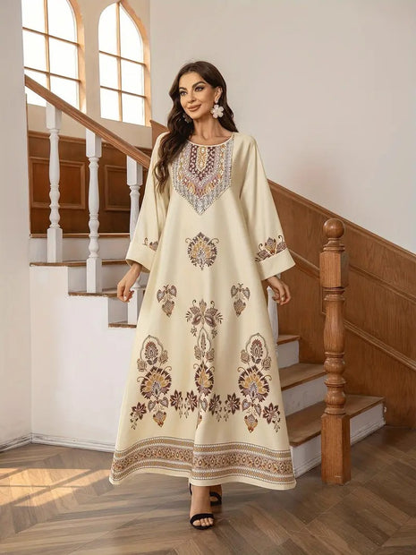 Elegant Floral Printed Middle Eastern Long Dress