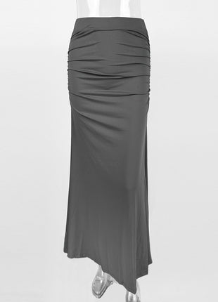 Stretch Silk Slim Hip Pleated Wide Hem Long Skirt