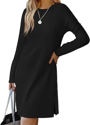 Round Neck Slit Hemline Sweater Long Sleeve Dress