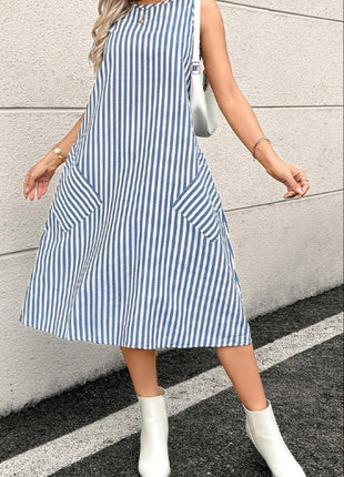 Round Neck with Pocket Striped Dress