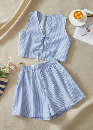 Elegant Striped Knit Tank Top And High-Waist Loose Shorts Set