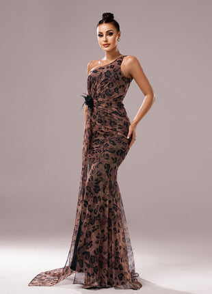 One-Shoulder Leopard Sequined Evening Dress