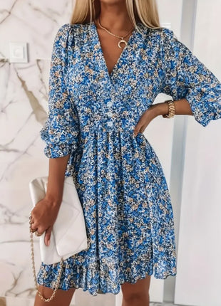 V-Neck Floral Short Sleeve Bubble A-Line Dress