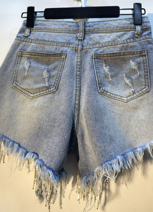 Fringed Chain Jeans High Waist Slim Beading Tide Shorts