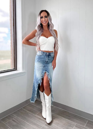 Denim High Waist Irregular Washed-out Skirt