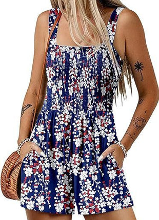 Casual Pleated Square Collar Sleeveless Loose Shorts Jumpsuit