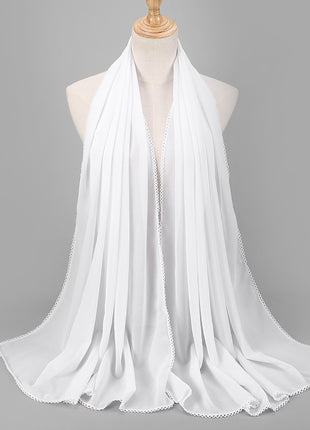 Elegant Women's Monochrome Lace Panel Pearl Chiffon Scarf