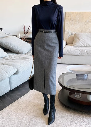 Gray Autumn and Winter Thickened High Waist Mid-Length Sheath Skirt