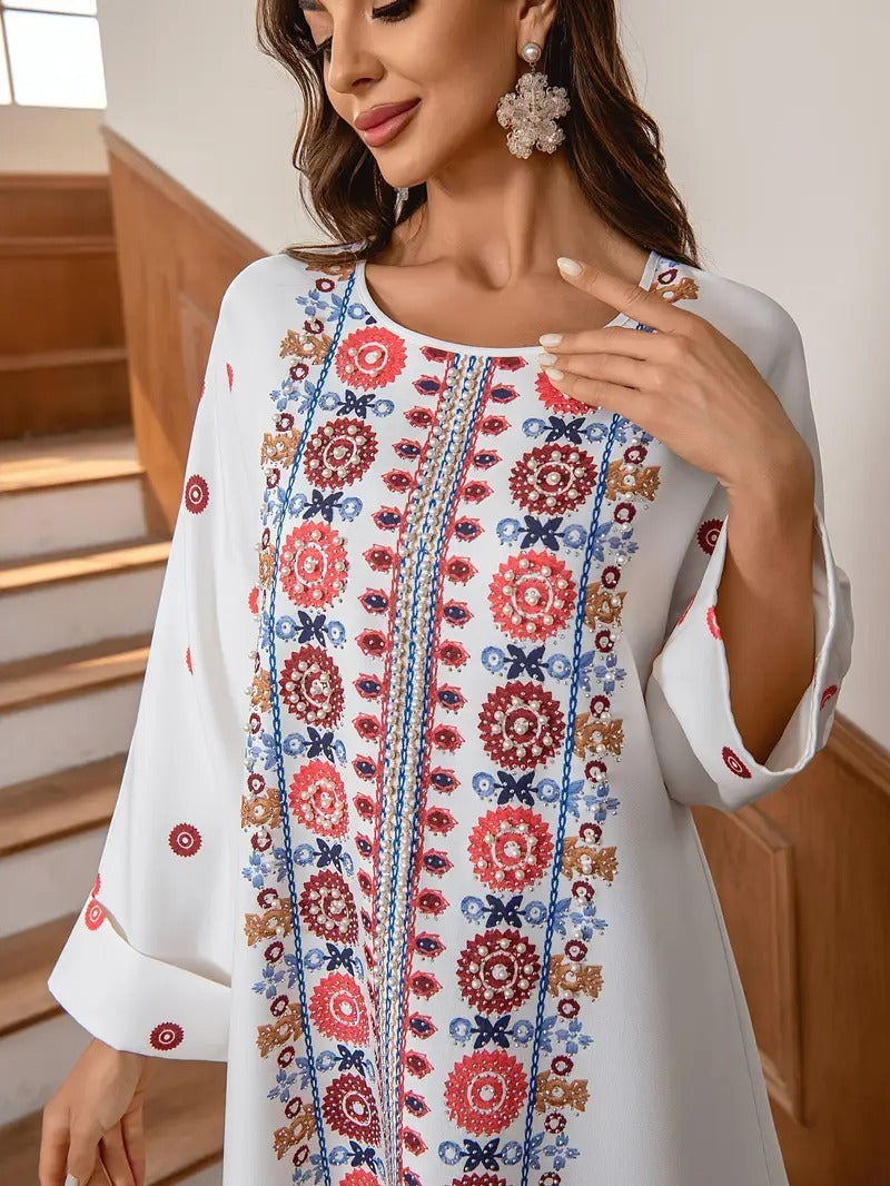 Rhinestone Bead Decorative Print and Rolled Up Sleeve Dress