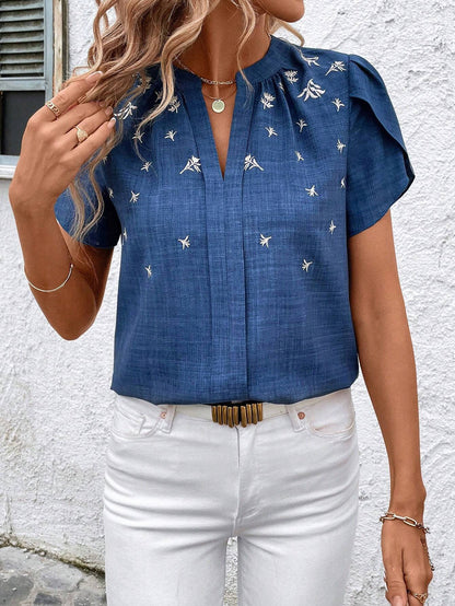 Half-open Collar Short Sleeve Shoulder Creasing Printed Blouse