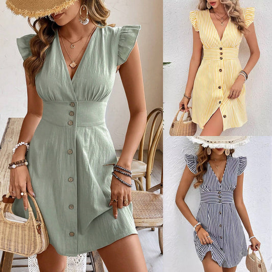 V-neck Single-breasted Fly-sleeve Women's Shirt Dress