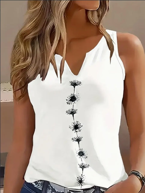 Casual Floral Print Notch Neck Sleeveless Top