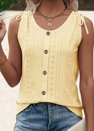 Eyelet Button Front Casual Sleeveless Tank Top