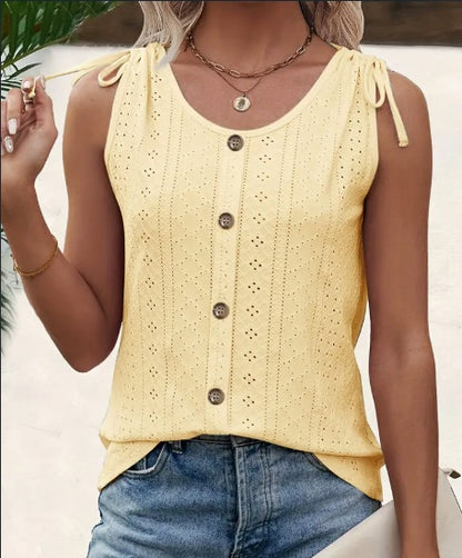 Eyelet Button Front Casual Sleeveless Tank Top