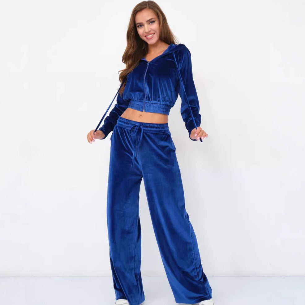 Zipper Cardigan Laced Pants Two-piece Set
