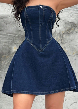 Off-shoulder Low Collar Sexy Fishbone Waist Tight Denim Dress