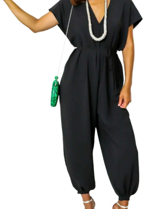 V-neck Lace-up Waist Wide Leg Jumpsuit