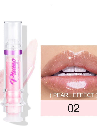 Lip gloss with a pearl effect on lips and product packaging.