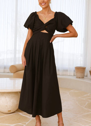 V-neck Long Puff Sleeve Long Slimming Dress