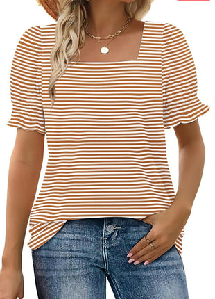U-neck Petal Sleeve Loose Stripes T-shirt