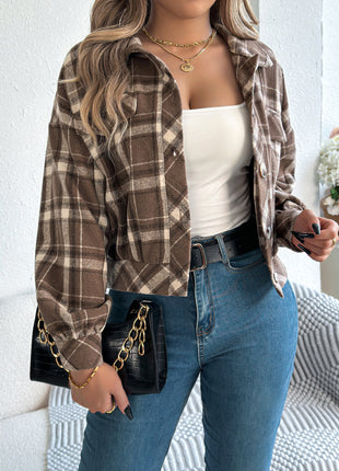 Plaid Faux Pocket Long Sleeve Woolen Coat