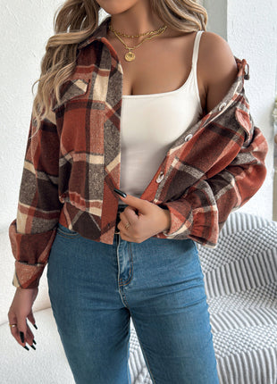 Plaid Faux Pocket Long Sleeve Woolen Coat