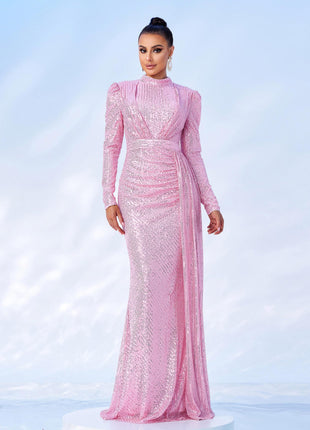 Long Sleeve Sequined Banquet Dress