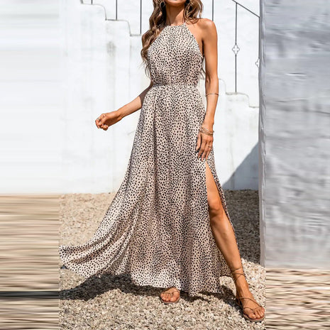 Women's Sleeveless Polka Dot Waist Split Sling Dress