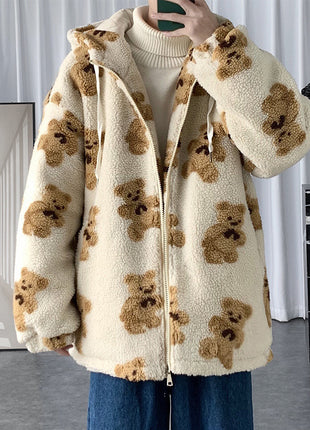 Cotton Hooded Bear Print Sweater Coat