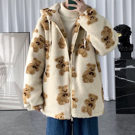 Cotton Hooded Bear Print Sweater Coat