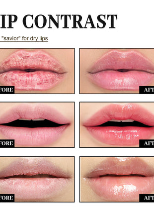 Before and after comparison of lip care product on lips with text 'Lip Contrast'.