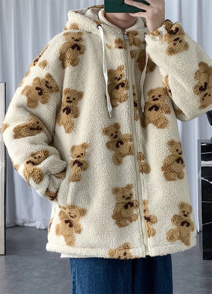 Cotton Hooded Bear Print Sweater Coat