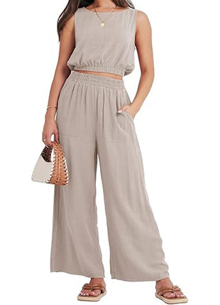 Round Neck Sleeveless Lower Hem High Waist Wide Leg Two-piece Set