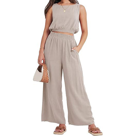 Round Neck Sleeveless Lower Hem High Waist Wide Leg Two-piece Set