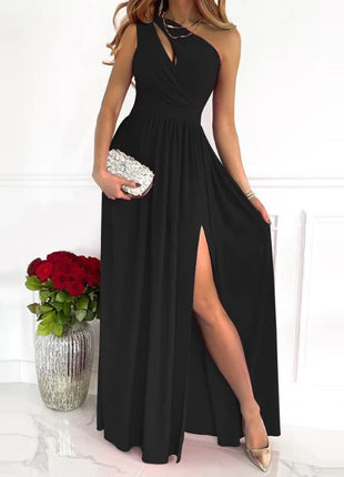 Elegant One Shoulder High Split Cutout Sleeveless Maxi Dress