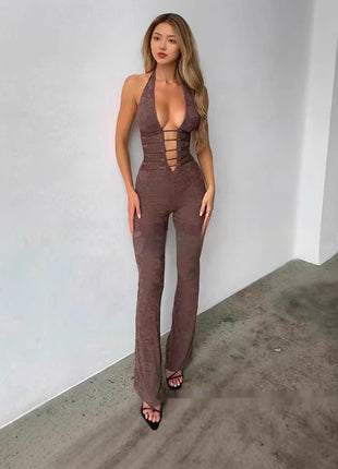 Lace Hollow-out Semi-transparent Halter Drawstring Jumpsuit