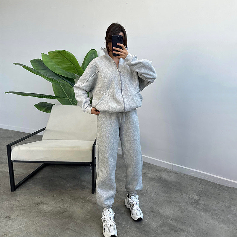 Stand-up Collar Zipper and Drawstring Trousers Set with Pockets