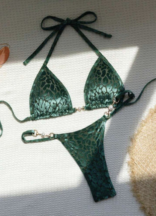 T-shaped Pearl Leopard Special Fabric Swimwear Swimsuit Bikini