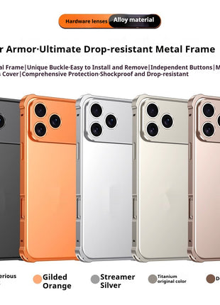 iPhone 17 Four-Corner Anti-Drop Metal Frame Case with Lens Cap