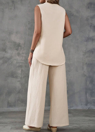 Sleeveless Textured Vest And Wide-Leg Button Front Pants Set