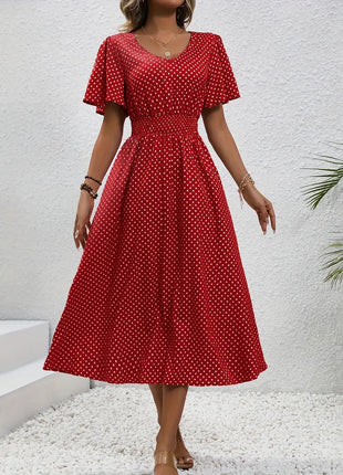 Polka Dot Short Sleeve Long Dress